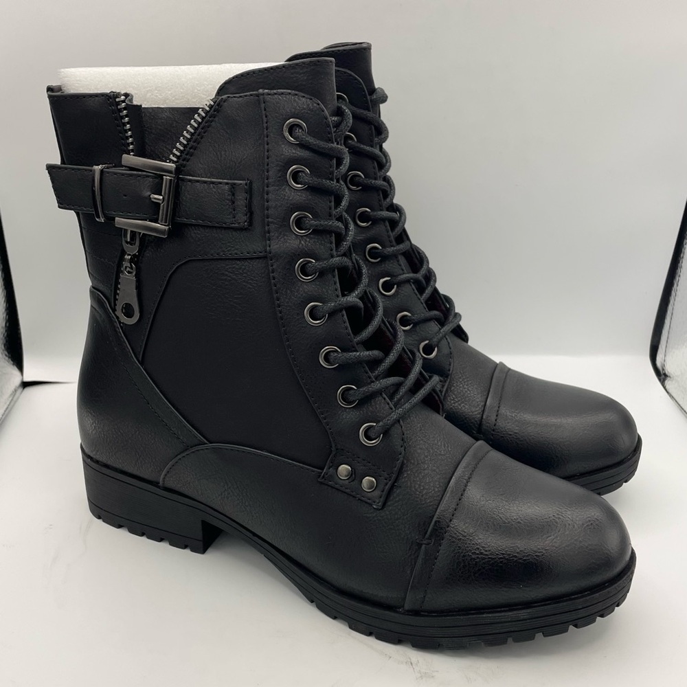 Id Required lace-up black stylish combat moto boots buckle detail women’s Size 7 - Picture 5 of 12